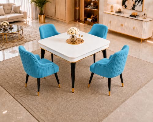 Image of WOODEN SPACE 4 Seater Wooden Dining Table Set | Urban Marble Top Dining Table with Chairs for Dining Room & Kitchen (Modern Zyro Sky Blue) (42 x 42 x 30 inch)