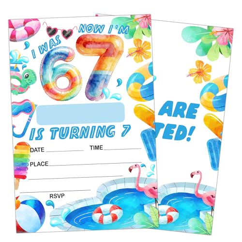 Eronm 7th Birthday Invitations for Boys Girls, I Was 6 Now I'm 7 Pool Party Invitations, 20 Pack Birthday Invite Cards with Envelopes, Teen Girls Boys Bday Party Supplies Decorations-D06
