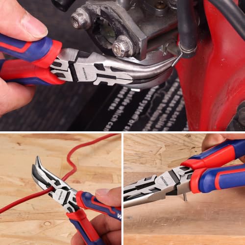 Image of WORKPRO Premium 6 inch Bent Needle Nose Pliers(Smooth Jaw), Paper Clamp Precision, Heavy-Duty CRV Steel, Soft Grip with Wire Cutter, Long Nose Cutting Pliers