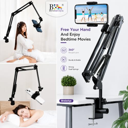 Image of BROLAVIYA Overhead Video Mobile and Tablet Stand, New Extra Long Arm, 1 /4 inch Head 2 Way Base clamp, and Brackets for Mobile Phone and Tablet, for Overhead Video, Desktop, Bedroom, Office, Black