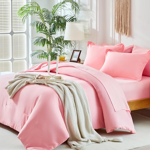 Image of Kids Comforter Sheet Set - Soft and Breathable Bed Set Includes Quilted Comforter, Fitted Sheet, Flat Top Sheet, Pillowcase and Pollowshams For Boys Girls - 6 Pieces Bed in a Bag Twin Szie Pink