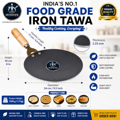 Image of IRONIZE Pure Iron Roti Tawa with Wooden Handle | Heavy Duty Chemical-Free Iron Cookware | Even Heat Distribution | Ideal for Roti, Chapati, Paratha, Dosa & Omelette | Available in 1kg to 2kg (1.7kg)