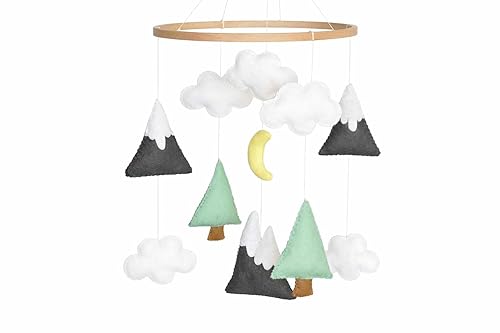 Montañas Baby Mobile Baby Cuna Móvil Moderna Vivero móvil Fieltro Montañas y Árboles Decoración de vivero Nube Cuna Móvil