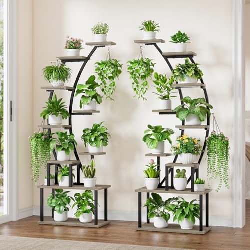 Image of BACEKOLL Plant Stand Indoor with Grow Lights, 9 Tiered Metal Plant Shelf, 64 inch Tall Plant Stand for Indoor Plants Multiple, Large Plant Rack Display Shelf, Curved Plant Holder for Living Room, Grey