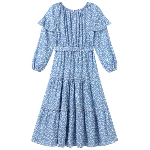 AWIBMK Mommy and Me Dress Long Puff Sleeve Tie-Dye Floral Tiered Ruffle Long Dress Fall Winter Matching Outfits with Belt3