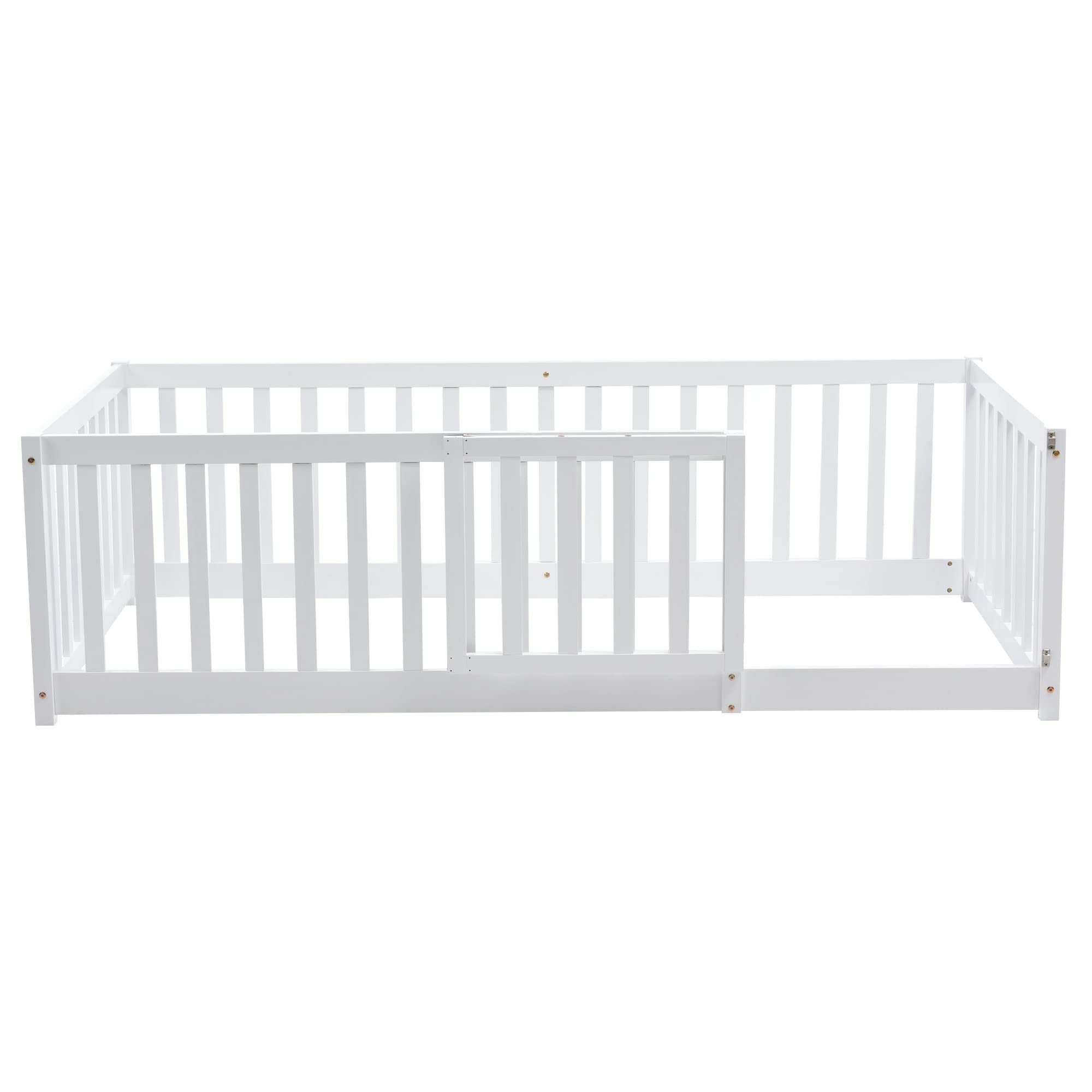 Zepneiy Letto per bambini, 90 x 200 cm, telaio per letto a pavimento in legno massello, letto per bambini con recinzione e porta, bianco