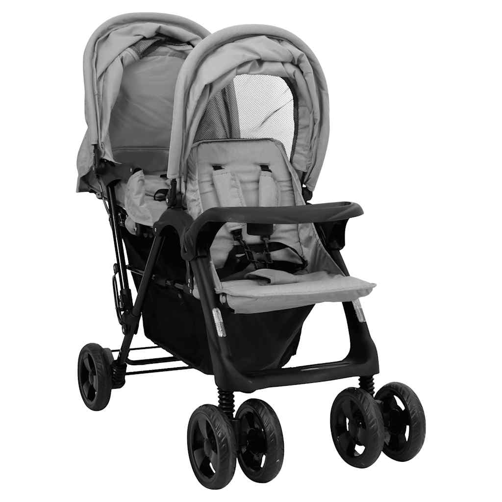 vidaXL Carrito para Gemelos Cochecito Sillita Gemelar Silla de Paseo Canasta Niños Reposapiés Ajustable Dosel Plegable Tándem Acero Gris Claro