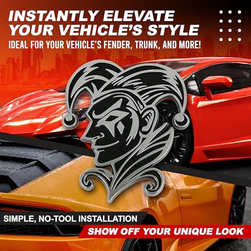 Image of Joker Emblem 3D Jester Badge - Custom Car Decal Sticker for Car, Truck, SUV - Durable Exterior Trunk, Hood, Fender (Set of 2) (Chrome)