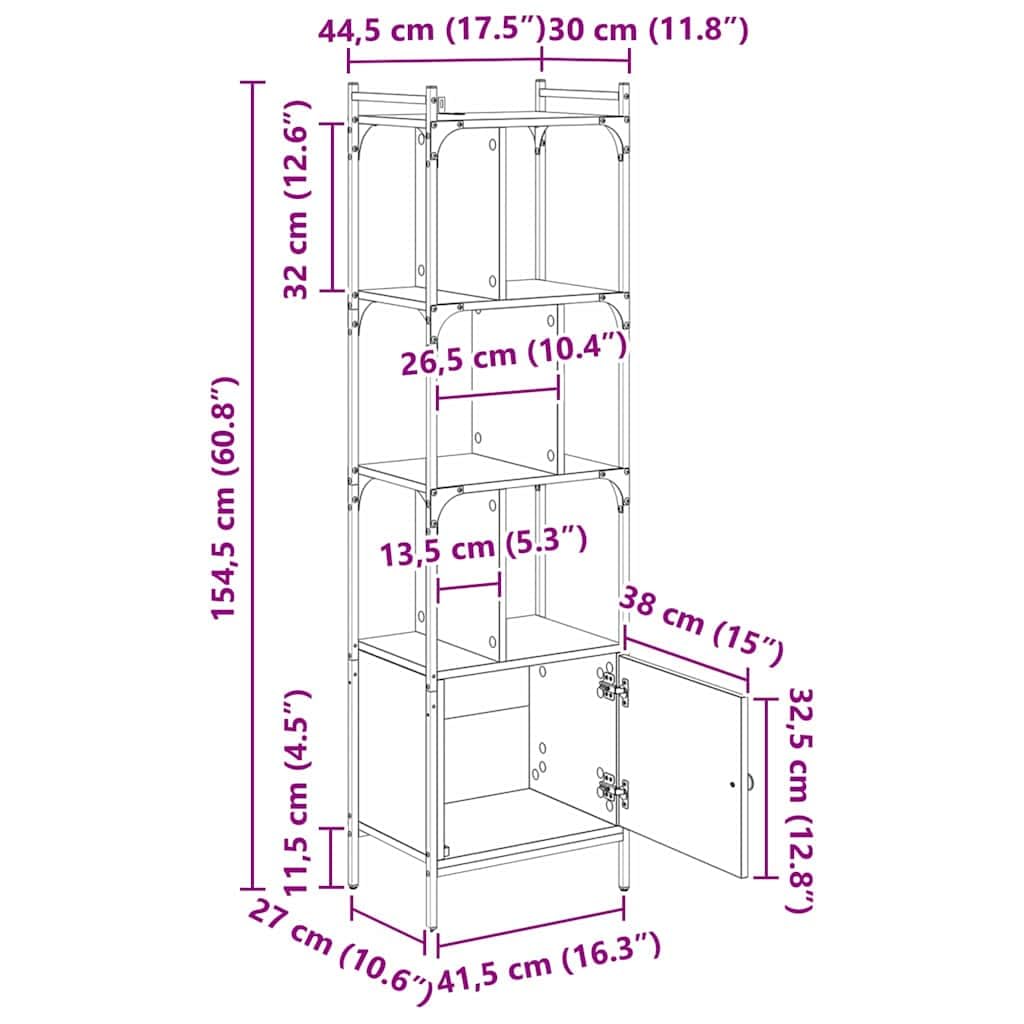 Libreria nera effetto rovere, 44,5 x 30 x 154,5 cm, con 6 ripiani aperti e porta, robusto materiale in legno, versatile, per soggiorno, studio, cameretta dei bambini