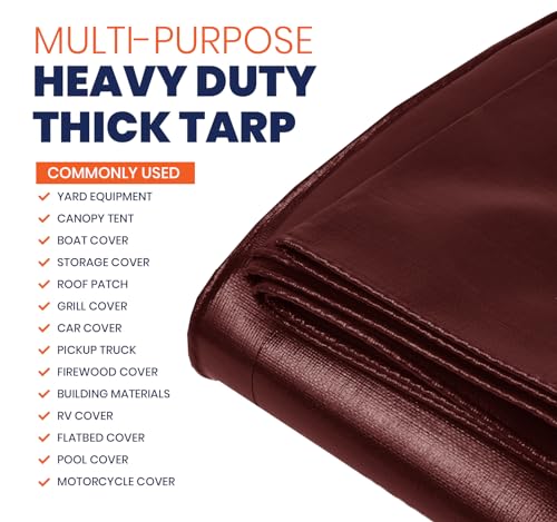 Image of Extra Heavy Duty 14 Mil Tarp Cover, Waterproof, UV Resistant, Rip and Tear Proof, Poly Tarpaulin with Reinforced Edges for Roof, Camping, Patio, Pool, Boat (Maroon /Black 30′ X 70′)