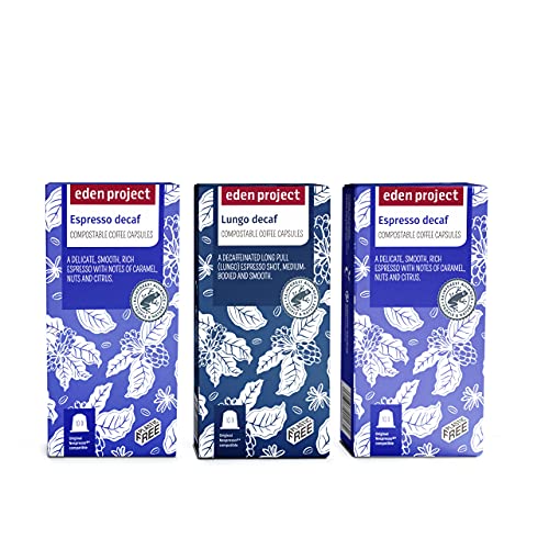 THE EDEN PROJECT 30 Decaf Coffee Pods Variety Pack Compatible with Nespresso Original – Premium Arabica, Rainforest Alliance Certified, Climate Neutral, Home Compostable Capsules (3 x 10 Pack)