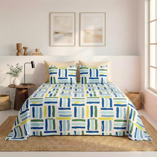 Image of HOMEKART 100% Cotton Feel Double Bed Bedsheet Set | 180tc to 220tc Soft & Breathable with 2 Pillow Covers | Wrinkle Free | for Bedroom & Gifting (Color -Green & Yellow, 90 x 90 Inches)