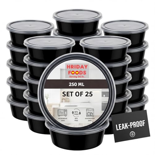 Image of 250ml Round Food Containers with Lids, Set of 25 | Airtight Reusable Plastic Containers | Microwave Safe for Meal Prep, Storage, Takeaway & Food Delivery (Black)