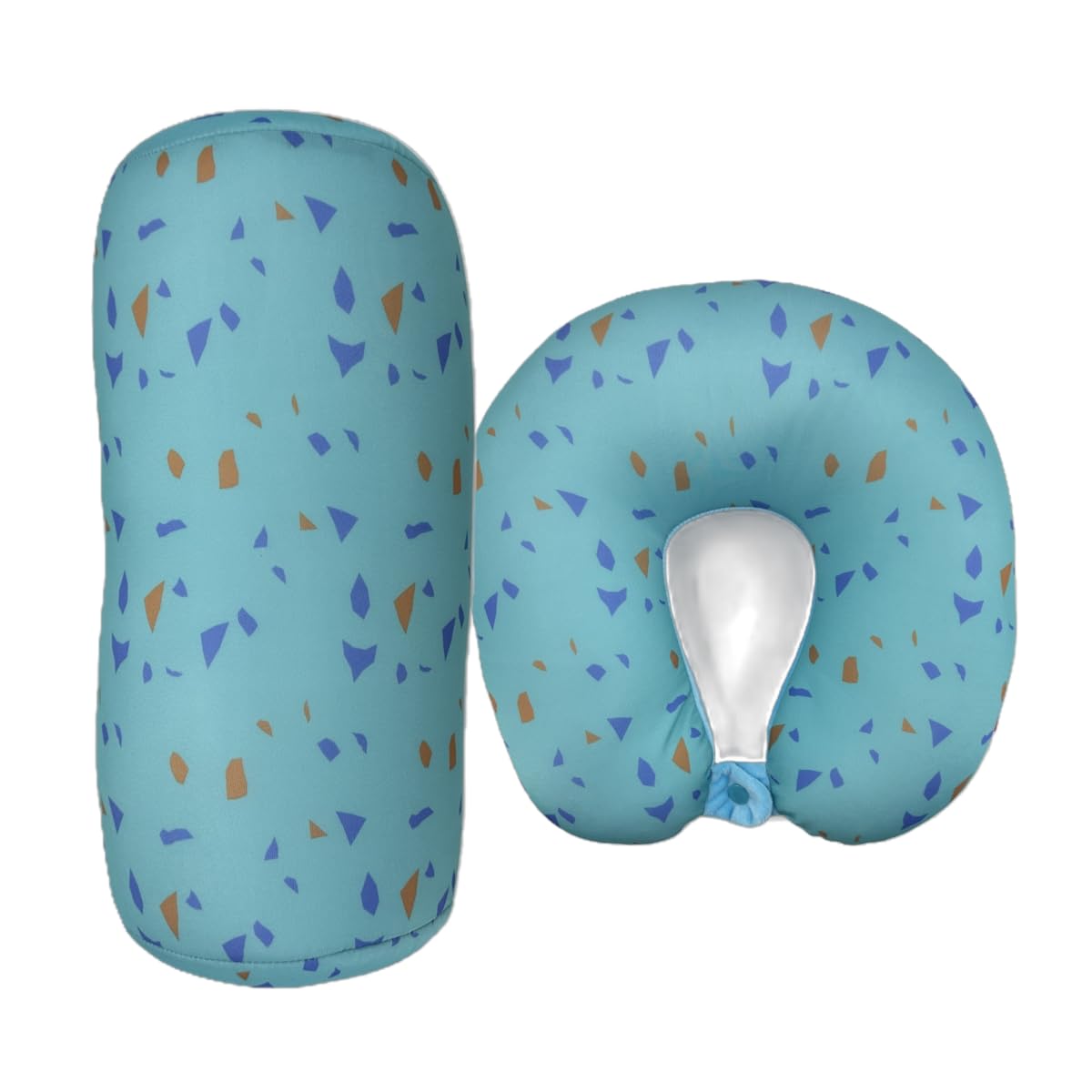 Bookishbunny 2pcs Micro Bead Set U Shaped Neck Travel Pillow 12" x 12" x 4" and Roll Back Pillow Cushion 13" x 7", Various Designs (Confetti Light Blue)