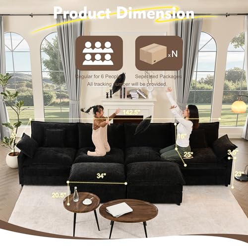 142.5" U Shaped Couch, Modular Sectional Sofa, 3-Seater Comfy Cloud Couch with Movable Ottoman, Deep Seat Couches for Living Room, Chenille, Black