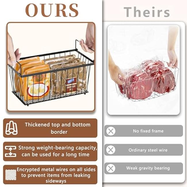 5 Pack Stackable Deep Freezer Organizer Bins £¬Upgraded Bottom Leak-Proof net and 4PCS-U-Shaped Stackable Wire Baskets, Suitable for Storage Shelve