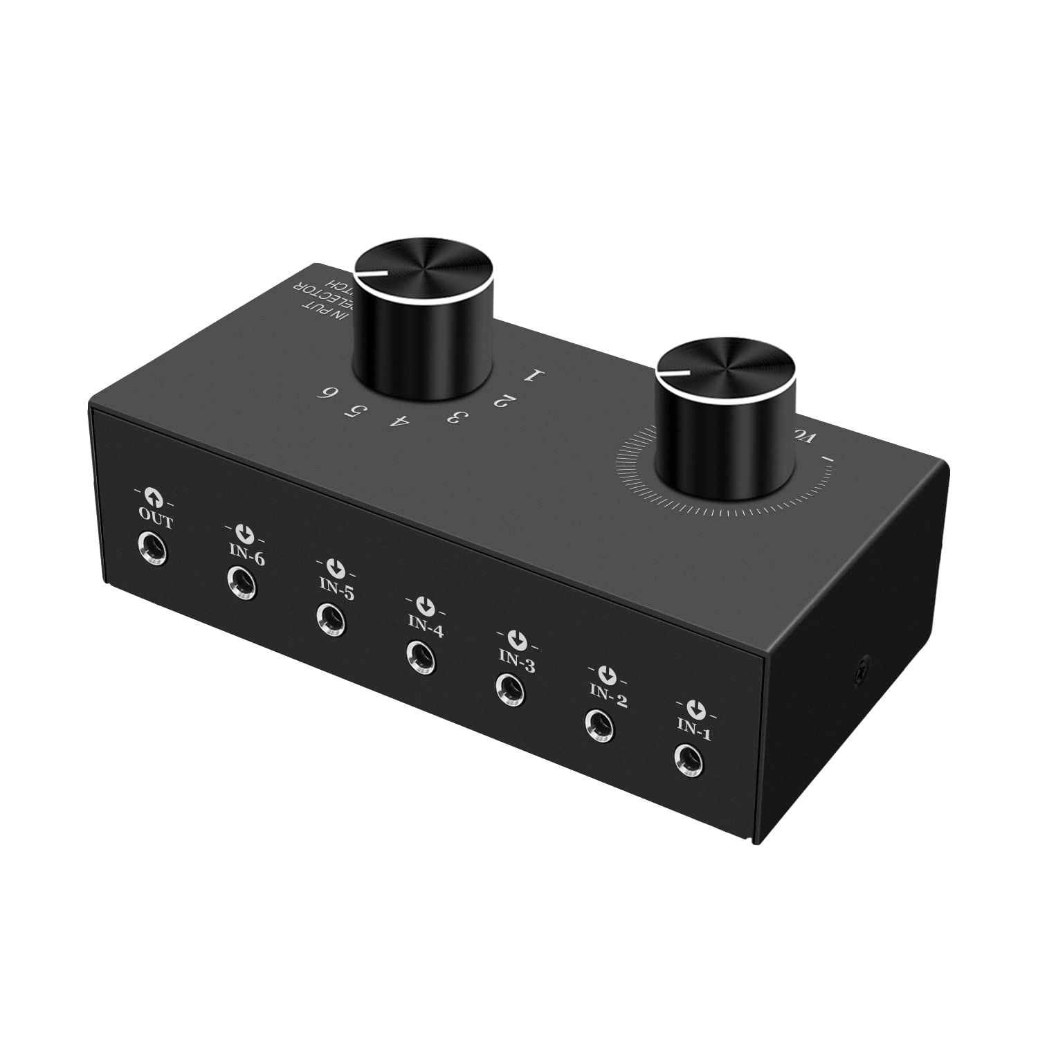 LVY Conmutador de audio de 6 canales de 3,5 mm, estéreo pasivo de 1/8 pulgadas caja de selector auxiliar para altavoz/auriculares, laptop, computadora, smartphone y sistema de juegos PS4/PS5, etc.