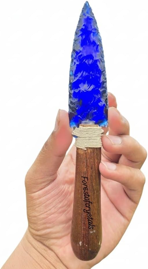 Handmade Blue Obsidian Arrowhead Crystal Glass Knife | 8 Inch Metaphysical Altar Tool, Premium Wooden Handle