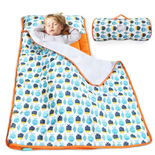 Image of Nap Mat, Toddler Nap Mat with Blanket, Fish, 50 inch x 21 inch | Portable, For Preschool Kindergarten Daycare, Roll up Sleeping Bag for Kids, Quilted, Super Soft & Cozy