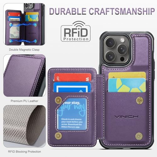Image of Vinich for iPhone 14 Pro Wallet Case with Card Holder, RFID Blocking Credit Slots Kickstand Shockproof Phone Cover Fit for iPhone 14 Pro 6.1 inch Purple