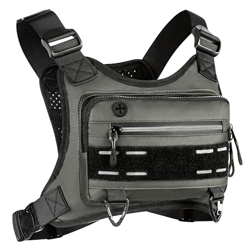 VEELONG Bolsa de peito para homens e mulheres, colete de corrida resistente à água com suporte de telefone, bolsa de peito tática EDC para exercícios, Verde escuro, One Size, Minimalismo esportivo