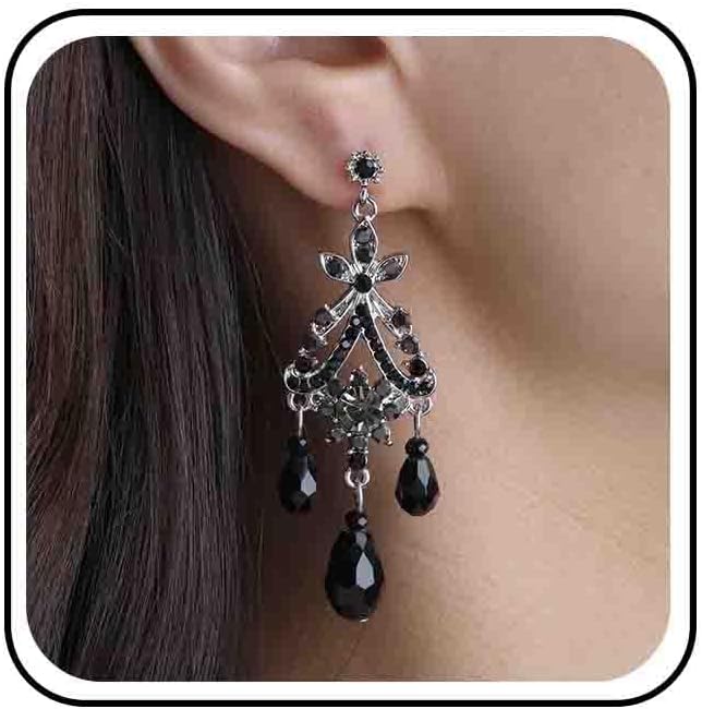 Andelaisi Boho Filigree Tassel Dangle Earrings Vintage Black Crystal Teardrop Earrings Silver Tribe Waterdrop Filigree Drop Earring Ethnic Gypsy Chandelier Earring Jewelry for Women