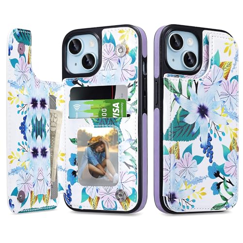 ULAK Compatible with iPhone 15 Wallet Case with Card Holder, Floral Flower Pattern Folio Flip Cover with Kickstand Card Slots for Women, Double Magnetic Clasp Purse Case 6.1 Inch, Blossom