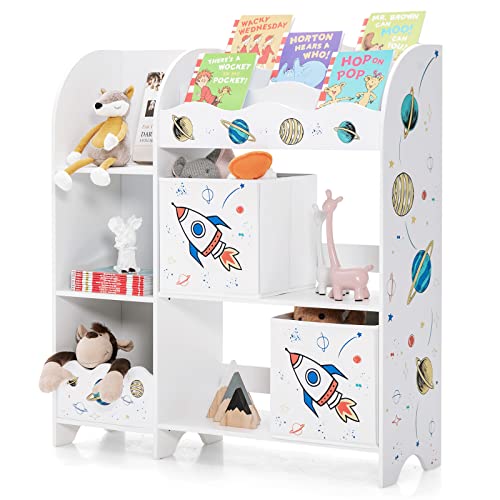 Image of HONEY JOY Kids Toy Storage Organizer, Wooden Storage Unit with 2 Storage Boxes, Toddler Storage Display Bookshelf Daycare Furniture for Playroom, Children’s Room, Living Room(Rocket)