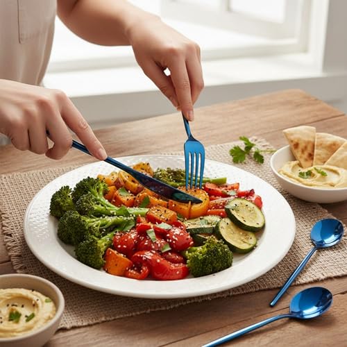 Image of 20 Pcs Blue Cutlery Set for Dining Table the Perfect Lightweight Silim Handle Tableware Including Dinner Spoon, Dinner Fork, Dinner Knife, Dessert Spoon & Dessert Fork
