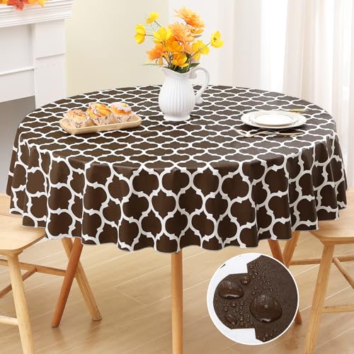 Image of Smiry Round Plastic Table Cloth, Waterproof Vinyl Tablecloth with Flannel Backing for Round Tables, Wipeable Spillproof Tablecloths for Dining, Camping, Indoor and Outdoor 60 inch Round, Coffee