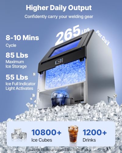 Image of VEVOR Commercial Ice Maker Machine, 265 lbs /24h with 55-85 lbs Storage Capacity, Built-in /Freestanding /Under Counter, Stainless Steel Ice Maker with LED Display & Self-Cleaning, Home Bar Restaurant | for Home Bar Restaurant, Built-in /Freestanding /Under Counter, Stainless Steel Ice Maker with LED Display & Self-Cleaning