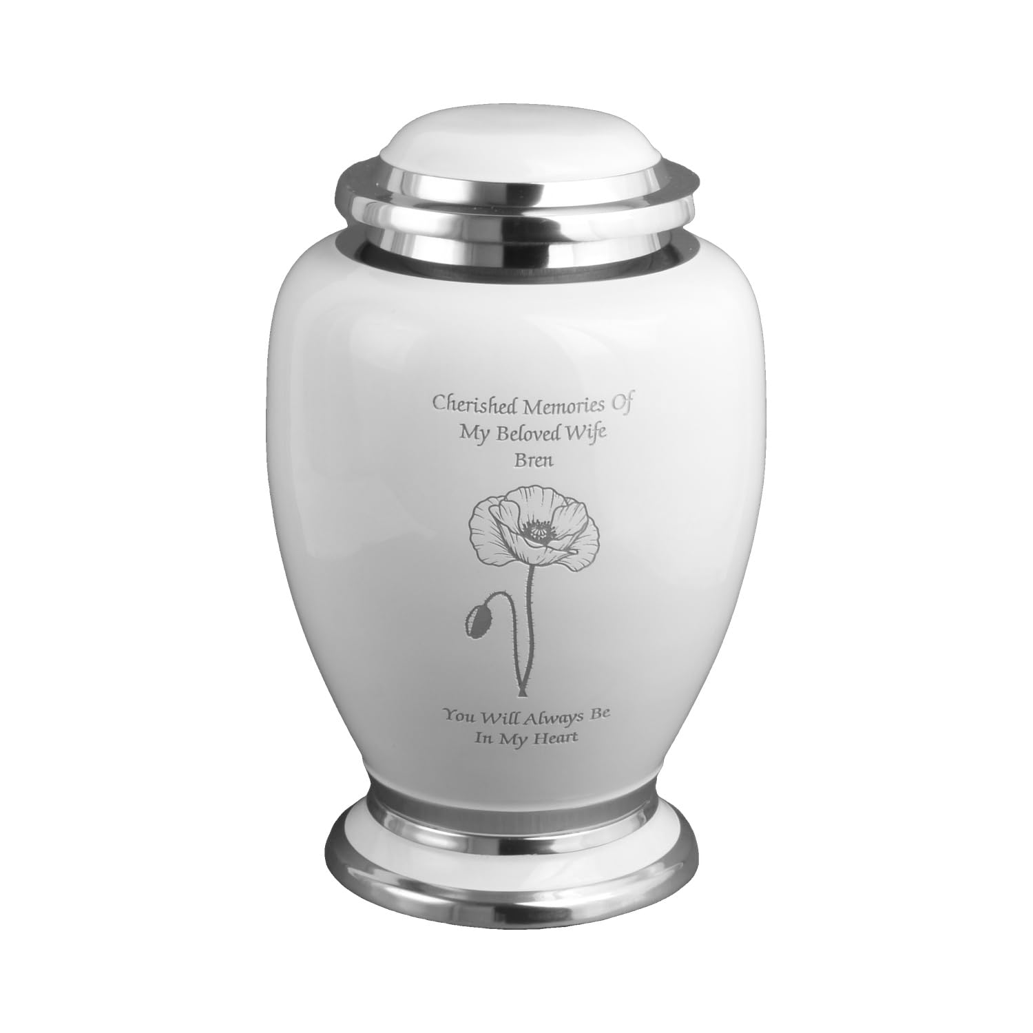 Urnswithlove White-Poppy With Text Engraved Adult Aluminium Ashes Urn – Large Cremation Funeral Memorial Container – Durable Metal Keepsake For Loved Ones – Holds Approx. 90Kg / 14 Stone (White-Poppy With Text Engraved)