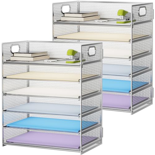 Image of Marbrasse 2 Pack Desk Organizer with Handle, 6 Tier Paper Letter Tray, Mesh Desk File Organizer for Office, School and Home - Silver