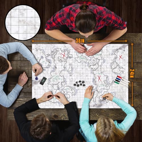 Image of Melee Mats DND Map Starter Set for Dungeons and Dragons - 24 inch x 36 inch 3 Pack Double Sided, Wet & Dry Erase Battle Terrain Grid - Tabletop Board Gaming Kit with Accessories