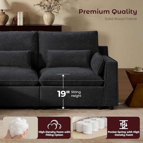 Image of WorthFurni Modern Modular Sectional Sofa,134 inch Sleeper Sofa Bed Sectional Cloud Couch with Storage Ottoman,Comfty 8 Seat Sofa for Living Room,Black Chenille