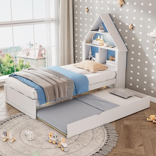 Twin-Size-House-Shaped-Bed-with-Bookcase-Headboard-and-Led-Light-and-Twin-Size-Trundle-for-Boys-Girls-Blue-White Twin Size House Shaped Bed with Bookcase Headboard and Led Light and Twin Size Trundle for Boys Girls Blue White