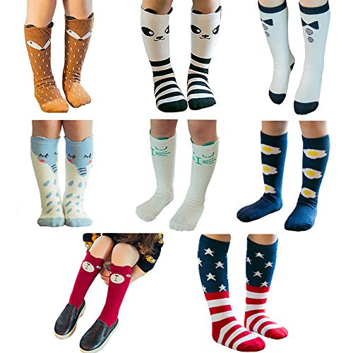Aipark 8 Paire de Chaussettes Hautes (Genou) en Coton, Bébé Fille, Motif Animaux, Tiennent bien en Machine de Lavage
