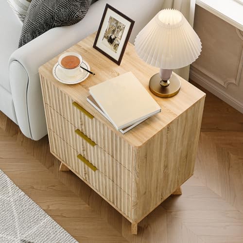 Fluted Bedside Table with 3 Drawers, Modern Nightstand Set Style Night Stands Set of 2 for Bedroom, Wood End Table, 23.62 x 15.74 x 28.03 Inch, 35 lbs Each Drawer, 5.9" Raised Legs for Easy Cleaning by Garvee - Image 3