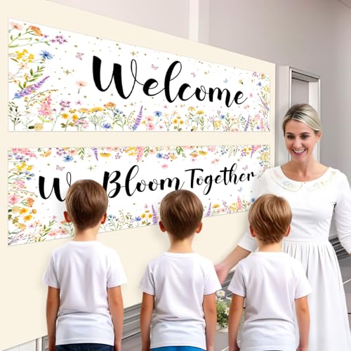 Image of 2Pcs Wildflower Motivational Posters Floral Welcome Banners for Classroom, We Bloom Together Positive Affirmations Posters Middle High School Teacher Students Flower Theme Growth Mindset Signs