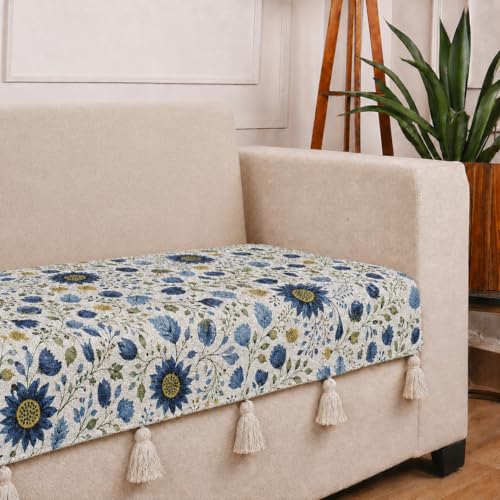 Image of STITCHNEST 'Eden Weaves Collection Series' 1 Seater Sofa Cover|Elegant Woven Fabric, Decorative Tassels, Washable & Durable for Modern Living
