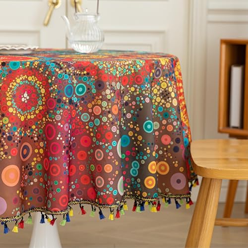 Erbnaryx Boho Tablecloth for Round Tables,Fringed Edges with Geometric Pattern Tablecloths,Farmhouse Floral Table Cover Cloth Decorative for Kitchen Dining Room,60"(Round) by Erbnaryx - Used condition - Image 3