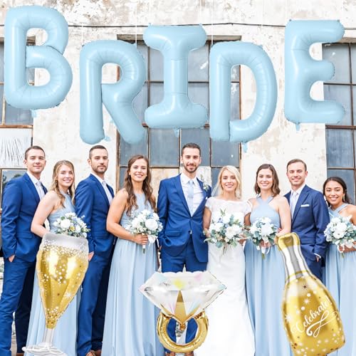 Image of 40inch Bride Balloons Baby Blue Letters Banner, Bachelorette Party Decorations Set with Diamond Ring Champagne Bottle Balloon Glass Foil Balloon for Bachelorette Engagement Wedding Bridal Shower Decor