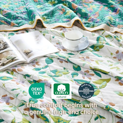 Image of VANJOROY Boho Throw Blanket, 100% Organic Cotton Breathable Skin-Friendly Ultra Soft 60 inch x 80 inch Bed Quilt Throw - Floral Rustic Decor Luxury Reversible Blanket for Sofa Couch Chair and Gift,