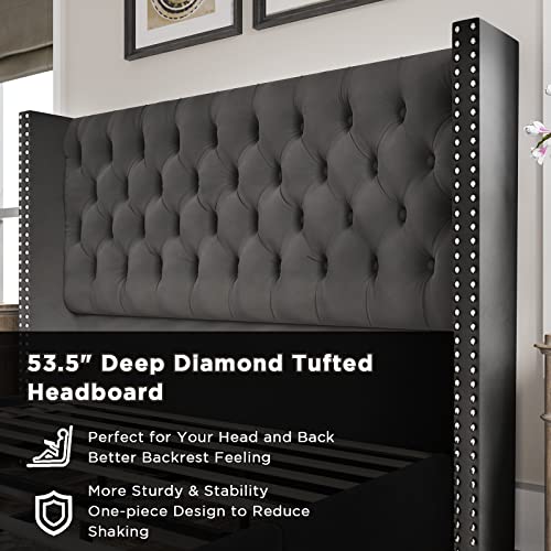 Jocisland King Bed Frame Upholstered Bed Wingback Headboard Velvet Tufted Deep Button/No Box Spring Needed/Easy Assembly/Dark Gray #TOP3