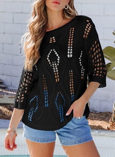 Image of EVALESS Womens Crochet Hollow Out Knit Tops Half Sleeve Spring Summer Sweaters Beach Cover Ups for Women Trendy 2026