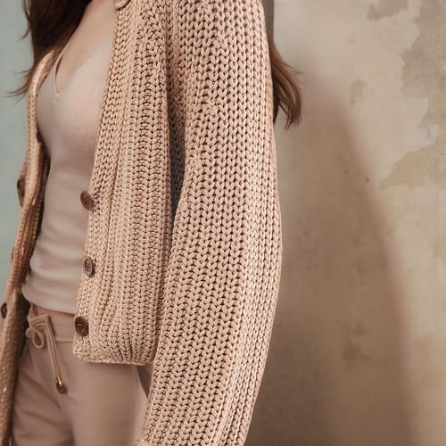 FindThy Women’s Cropped Cardigan Sweater V-Neck Long Sleeve Distressed Cable Knit Fall Outerwear Coat3