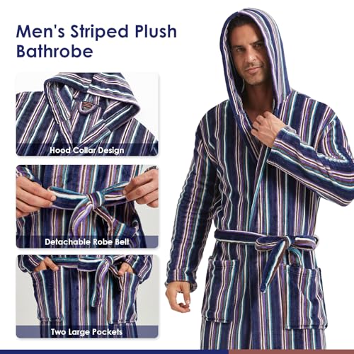 Image of FashGudim Mens Robes Big and Tall with Hood Two-Tone Flannel Fleece Contrast Bathrobe Full Length Plush Long Robe House Coat