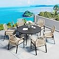 SUNSHINE VALLEY 7 Pieces Patio Dining Set, 6 x Woven Rattan Chairs with Waterproof Cushion, 54” Metal Round Dining Table with Umbrella Hole, Outdoor Table and Chairs Set for Backyard Lawn and Deck