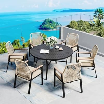 SUNSHINE VALLEY 7 Pieces Patio Dining Set, 6 x Woven Rattan Chairs with Waterproof Cushion, 54” Metal Round Dining Table with Umbrella Hole, Outdoor Table and Chairs Set for Backyard Lawn and Deck