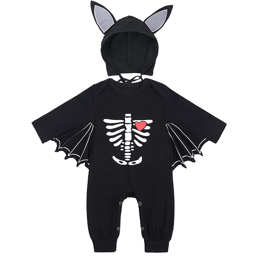 LNL Baby Halloween Costume Bat with Big Ear Hat My First Halloween Outfits Unisex Baby Romper 2 Pieces 12-18 Months Black